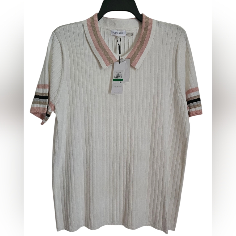 Calvin Klein Women's Collared Polo Shirt with Pink, Grey & Black Stripes. Size L